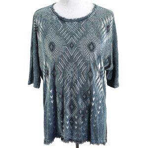 Jess & Jane Knit Top Womens Sz M Blue Oversized Short Sleeve Hi Low Hem Raw Edge